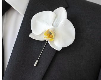 White Orchid Boutonniere: Wedding Groomsman Lapel Flower