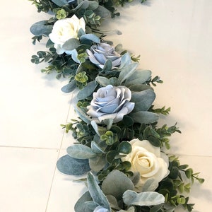 Eucalyptus Garland, Lambs Ear Garland, White Rose Garland, Dusty Blue Garland, Wedding Centerpiece, Eucalyptus Swag, Dusty Blue Table Runner