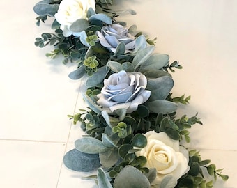 Eucalyptus Garland, Lambs Ear Garland, White Rose Garland, Dusty Blue Garland, Wedding Centerpiece, Eucalyptus Swag, Dusty Blue Table Runner