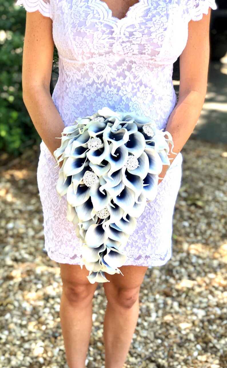 Navy Blue Calla Lily Bouquet Cascade Calla Lily Bouquet Bling Bouquet Navy Blue Bouquet, Brooch Bouquet Cascading Navy Blue Bouquet