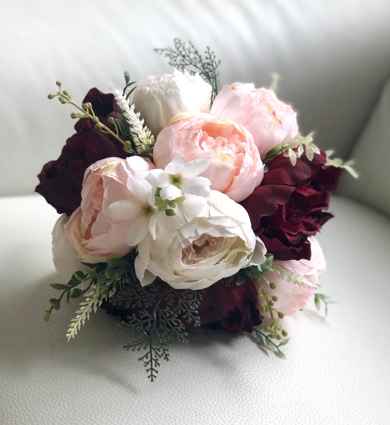 Burgundy and Blush Bouquet, Peony Bouquet, Marsala Bouquet, Burgundy Bouquet, Boho Bouquet, Greenery Bouquet, Blush Peony Bouquet, Cream Peo image 3