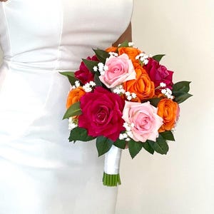 Orange Hot Pink Blush Bouquet, Tropical Bouquet, Hot Pink Bouquet, Blush Bouquet, Orange Bouquet, Rose Bouquet, Blush Bridesmaide Bouquet, C