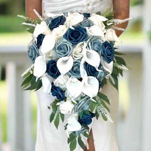 Blue and White Faux Wedding Flower Package, Cascading Dusty Blue Bridal Bouquet, Steel Blue Bouquet, Blue and White Bridal Bouquet, Silver