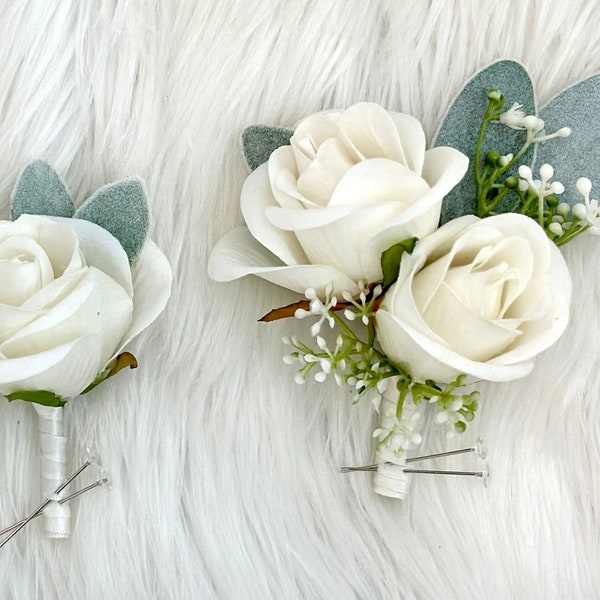 1 Silk Rose Boutonnière, Ivory Rose Boutonnière, Ivory Boutonnière, Cream Boutonnière, Boho Boutonnière, Greenery Boutonnière, Blush Rose, B