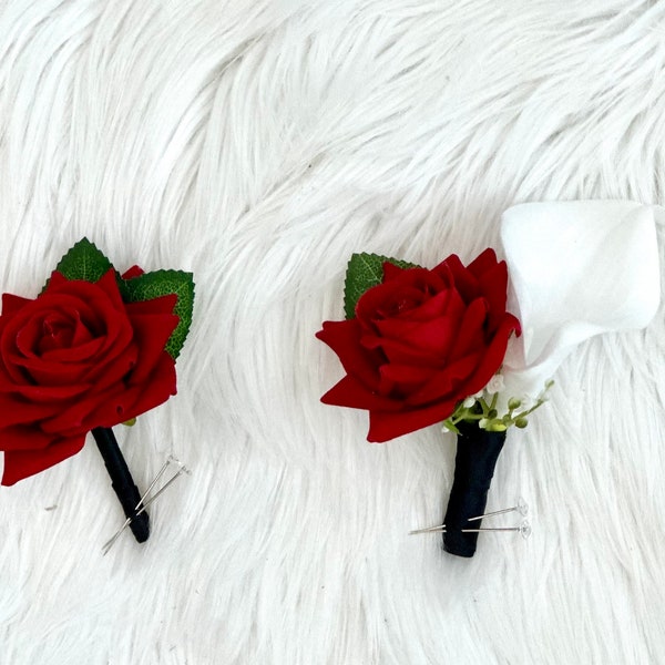 White and Red boutonnière, White Calla Lily Boutonnière, Groom Boutonnière, Groomsman Boutonnière, Prom Flowers, Lapel Flower, Red Rose Pin