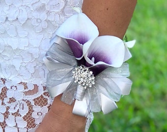 Purple Calla Lily Wrist Corsage, Plum Corsage, Silver Wrist Corsage, Brooch Corsage, Bling Corsage, Purple Corsage, Wedding Wrist Corsag