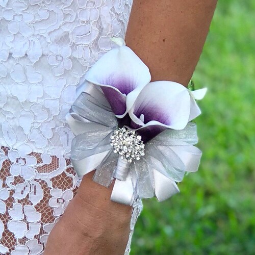 Purple Calla Lily Wrist Corsage Plum Corsage Silver Wrist Etsy