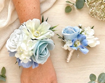 Dusty Blue Corsage Boutonniere Set: Light Blue Homecoming Flowers