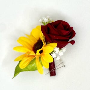 Sunflower Boutonnière, Burgundy Rose Boutonnière, Sunflower Corsage, Pin Corsage, Sunflower Bouquet, Sunflower Bridal Flower,Prom Corsage