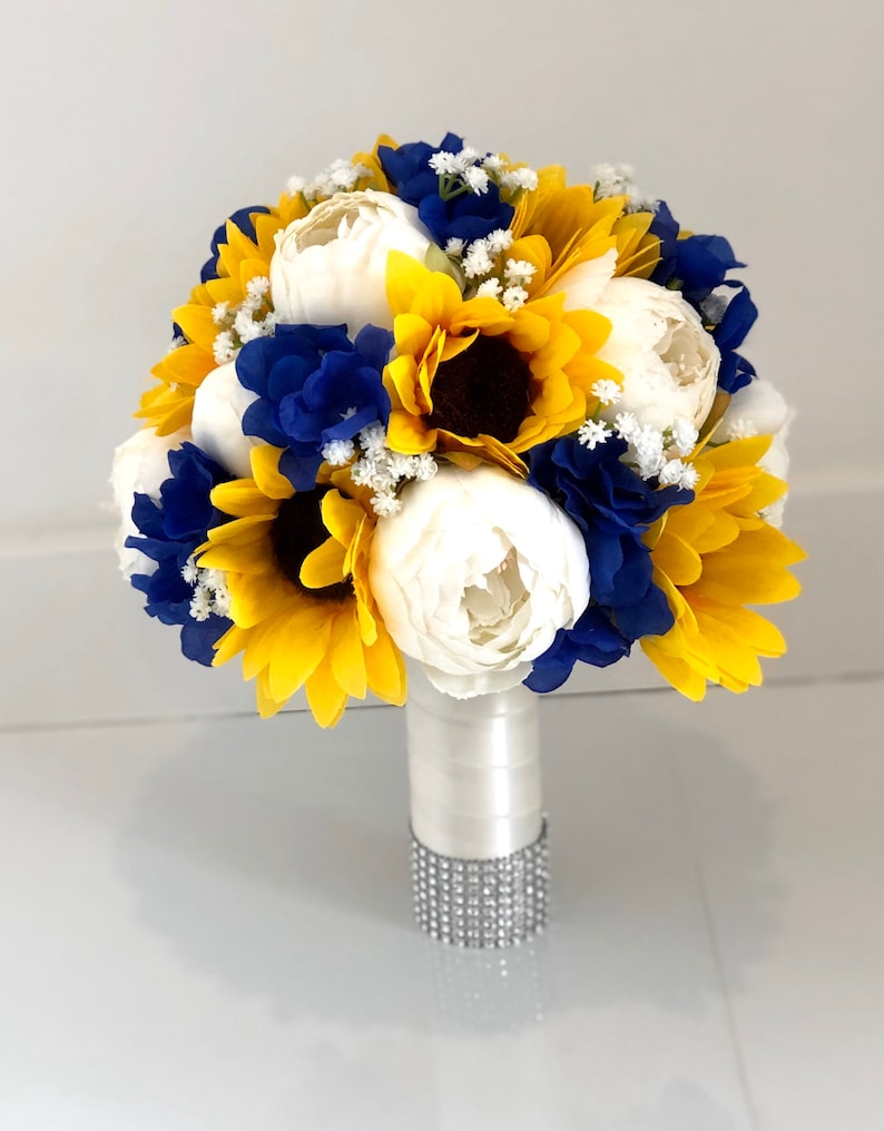 12 Sunflower Bridal Bouquet Yellow and Royal Blue | Etsy