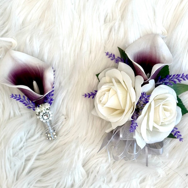 Purple Calla Lily Wrist Corsage, Plum Corsage, Silver Wrist Corsage, Brooch Corsage, Bling Corsage, Purple Corsage, Wedding Wrist Corsag