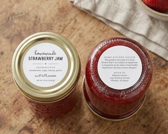 Etiquetas para alimentos caseros, pegatinas redondas imprimibles de 2" para tarros Mason para mermeladas, pan, productos horneados, plantilla editable en Canva.