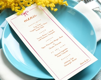 Bow Wedding Menu, Colorful, Slim, Hand Drawn Reception Dinner Menu, Printable Editable Template, Download File