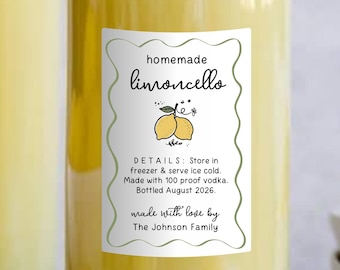 Plantilla de etiqueta para limoncello, pegatina imprimible para botella de licor casero, regalo o recuerdo. Edita la plantilla en Canva.