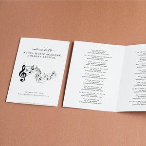 Plantilla de programa de recital de estudio musical, folleto imprimible de recital de piano, violín y voz, folleto editable para concurso de bandas (descarga en Word)