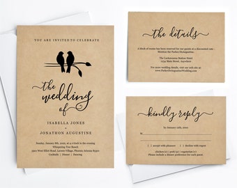 Love Birds Wedding Invitation Template, Printable Set, Minimalist Design, Rustic Kraft Paper, Instant Download Digital File PDF Suite