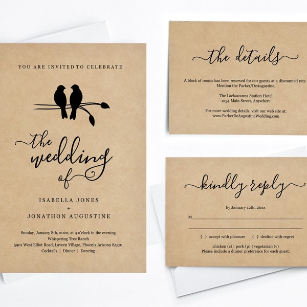 Love Birds Wedding Invitation Template, Printable Set, Minimalist Design, Rustic Kraft Paper, Instant Download Digital File PDF Suite