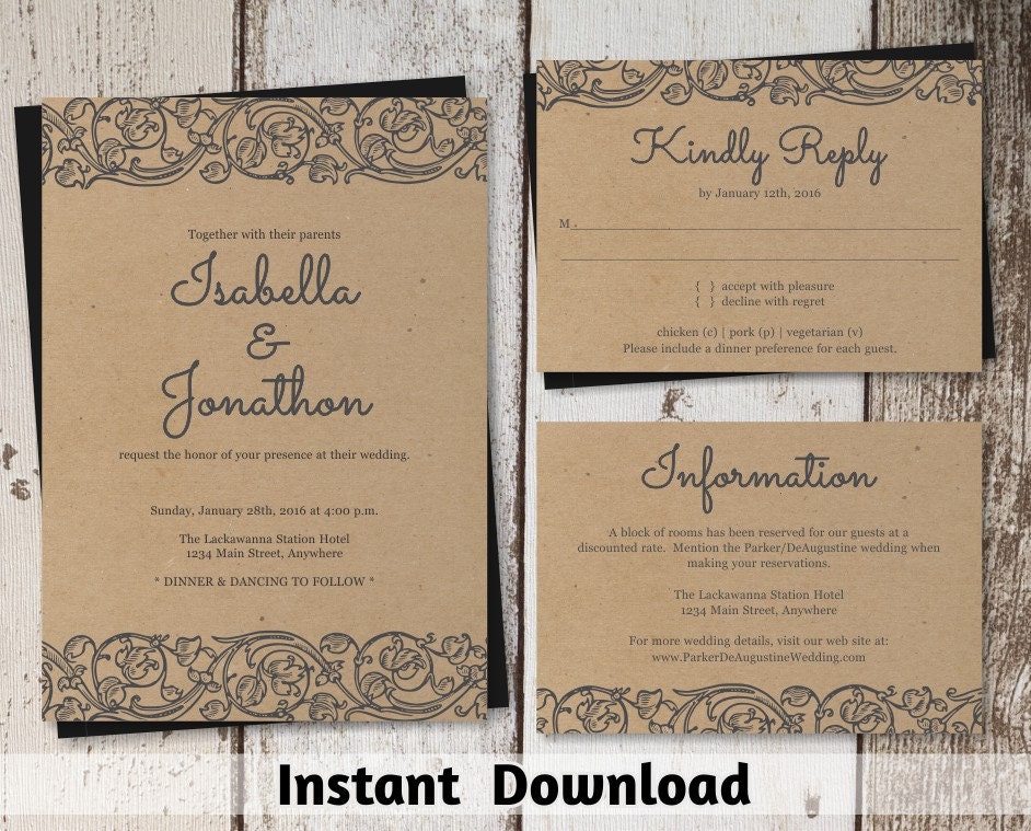 Rustic Lace Wedding Invitation Template Shabby Chic Printable