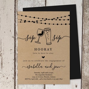 Sip Sip Hooray Verlobungsfeier Einladung Vorlage, druckbare rustikale Bier Wein Toast Kraftpapier einladen Evite Sofortiger Download digitale Datei