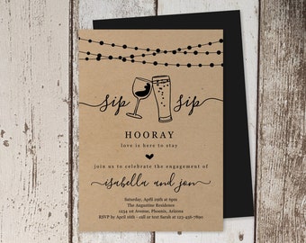 Sip Sip Hooray Engagement Party Invitation Template, Printable Rustic Beer Wine Toast Kraft Paper Invite Evite Instant Download Digital File