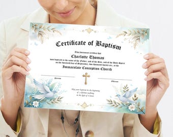Baptism Certificate Template, Printable Personalized Certificate of Baptism Religious Keepsake, Editable Church Download Digital File