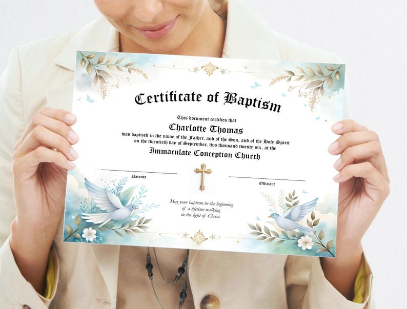 Op de afbeelding: Een doopcertificaat met de tekst "Certificate of Baptism" en de naam "Charlotte Thomas". Het document bevat een gouden kruis, duiven en bloemmotieven in blauw- en groentinten. Het certificaat wordt door een persoon vastgehouden.