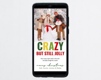 Text Electronic Funny Photo Christmas Card Template, Fun Crazy but Jolly Colorful Family Holiday eCard Mobile Download Digital File Phone