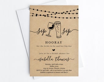 Sip Sip Hooray Bridal Shower Invitation Template, Printable Beer Wine Toast Theme Invite, Rustic Kraft Paper Instant Download Digital File