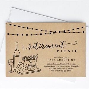 Modèle d'Invitation de pique-nique de retraite, fromage rustique dégustation de vin femme Surprise fête inviter & Evite Téléchargement instantané parc de fichier numérique