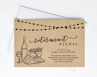 Retirement Picnic Invitation Template, Rustic Cheese Wine Tasting Woman Surprise Party Invite & Evite Instant Download Digital File Park