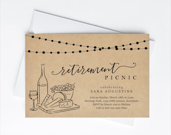 Retirement Picnic Invitation Template, Rustic Cheese Wine Tasting Woman Surprise Party Invite & Evite Instant Download Digital File Park