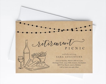 Retirement Picnic Invitation Template, Rustic Cheese Wine Tasting Woman Surprise Party Invite & Evite Instant Download Digital File Park