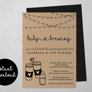 Baby is Brewing Baby Shower Invitation Template - Printable Coffee Tea Theme Invite & Evite - Coed Couples Instant Download Digital File PDF