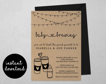 Baby is Brewing Baby Shower Invitation Template - Printable Coffee Tea Theme Invite & Evite - Coed Couples Instant Download Digital File PDF