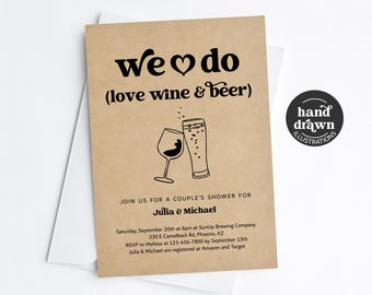 We Do Love Wine & Beer Couples Shower Invitation Template, Printable Funny Brewery Engagement Party Rehearsal Dinner Wedding Evite Download