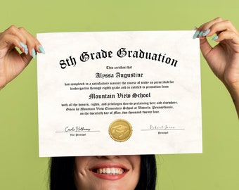 8th Grade Graduation Diploma, 5th Grade Graduation or Promotion Certificate with Gold Seal, Printable Custom Template Editable Download File