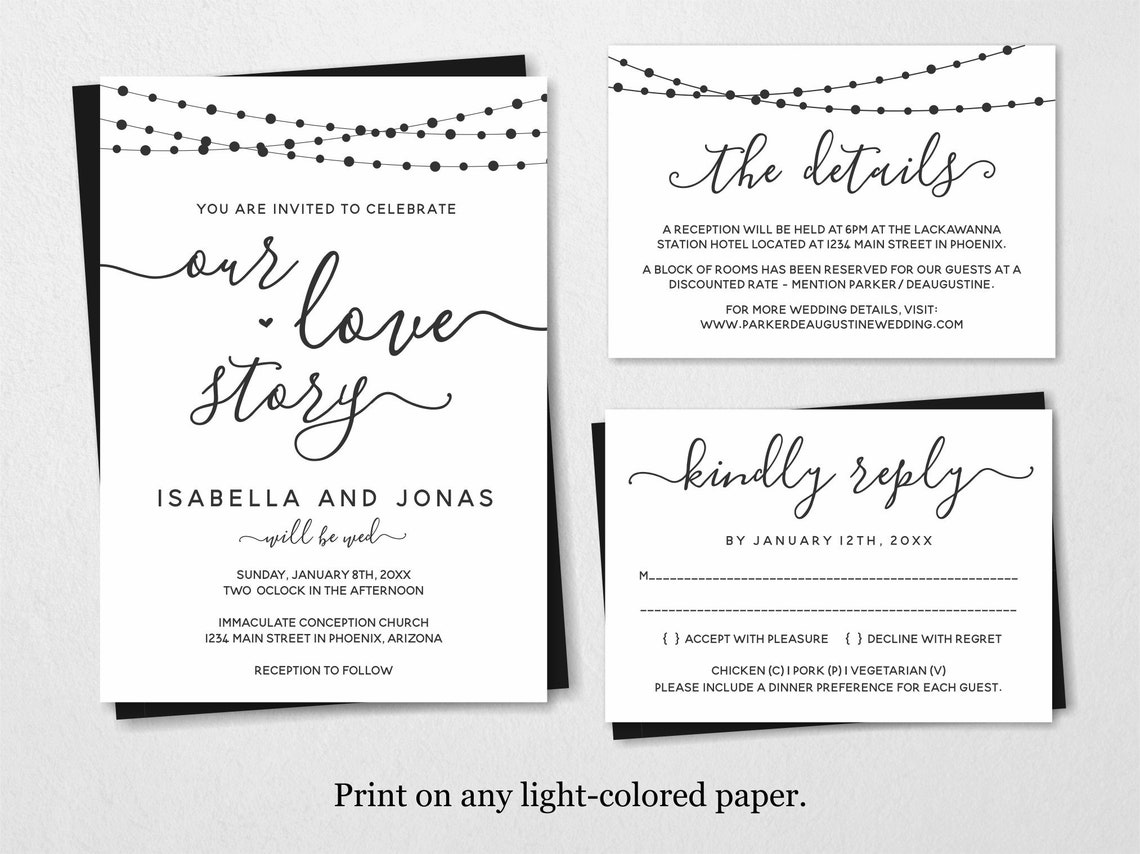 Our Love Story Wedding Invitation Template Printable Set Etsy