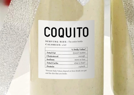 Coquito Nutritional Information Facts Label Template, Printable Funny Puerto Rican Eggnog Gift Bottle Sticker, Digital File Instant Download