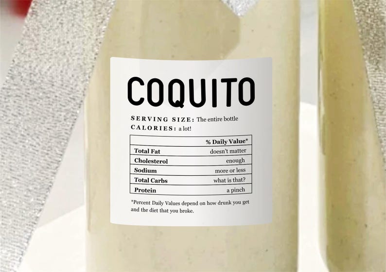 May include: A white bottle with a label that reads "COQUITO" and lists the serving size as "The entire bottle" and the calories as "a lot!" The label also includes a nutritional facts table with humorous descriptions of the % Daily Value for each nutrient.