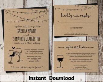 Wine Wedding Invitation Template - Rustic Winery Glass Toast / Vineyard Printable Set - Instant Download Digital File PDF Suite Kraft Paper