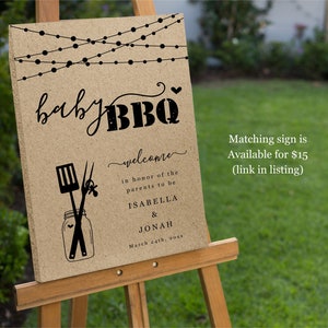 May include: A brown welcome sign with string lights, the text "baby BBQ", and the words "welcome, in honor of the parents to be, ISABELLA & JONAH, March 24th, 20xx".