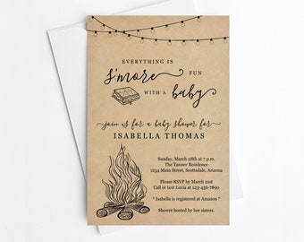 Smore Baby Shower Invitation Template, Fun Boy Girl Twin Backyard Bonfire Campfire Camping Editable Invite & Evite Instant Download File