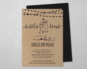 Bubble & Brew Couple Wedding Shower Invitation Template, Printable Bridal Champagne Beer Invite, Kraft Paper, Instant Download Digital File