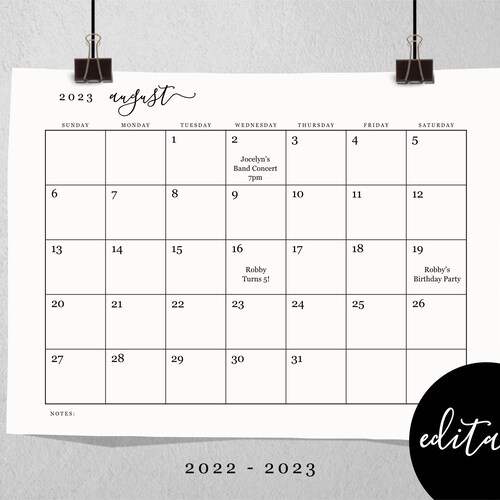 editable monthly calendar template printable 2022 and 2023 etsy