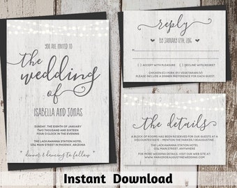 Rustic Wedding Invitation Template Printable Set - Fairy Lights, Wood Background, Calligraphy | Editable Instant Download Digital File Suite
