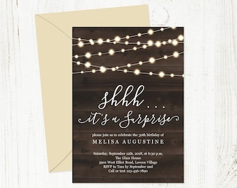 Surprise Party Invitation Template, Printable Rustic Birthday Anniversary Invite, String Fairy Light Wood, PDF Instant Download Digital File