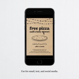 Może przedstawiać: Cyfrowe zaproszenie na ekranie smartfona na baby shower z tekstem "darmowa pizza (i baby shower)" i grafiką pizzy. Zaproszenie jest dla Julii i Gabriela i zawiera datę, godzinę i miejsce wydarzenia.