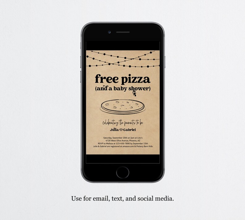 Może przedstawiać: Cyfrowe zaproszenie na ekranie smartfona na baby shower z tekstem "darmowa pizza (i baby shower)" i grafiką pizzy. Zaproszenie jest dla Julii i Gabriela i zawiera datę, godzinę i miejsce wydarzenia.