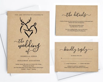 Antlers Doe & Deer Heart Hunters Wedding Invitation Template, Printable Set, Rustic Country Kraft, Instant Download Digital File PDF Suite