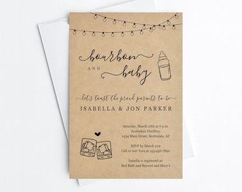 Bourbon and Baby Shower Invitation Printable Template, Whiskey Toast & Baby Bottle Invite Evite, Instant Download Editable PDF Digital File